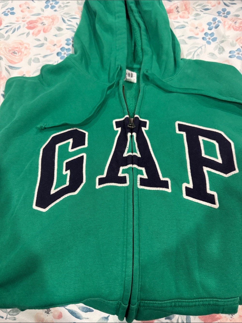 GAP Green Zip-Up Hoodie with Navy Lettering